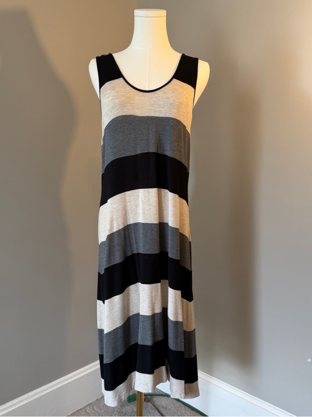 Calvin Klein Striped Sleeveless Maxi Dress in Black, Gray, Cream